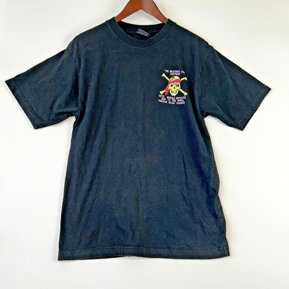 Bad To The Bone T Shirt‎ Size Large Black Skull Graphic Morale Paradise Island